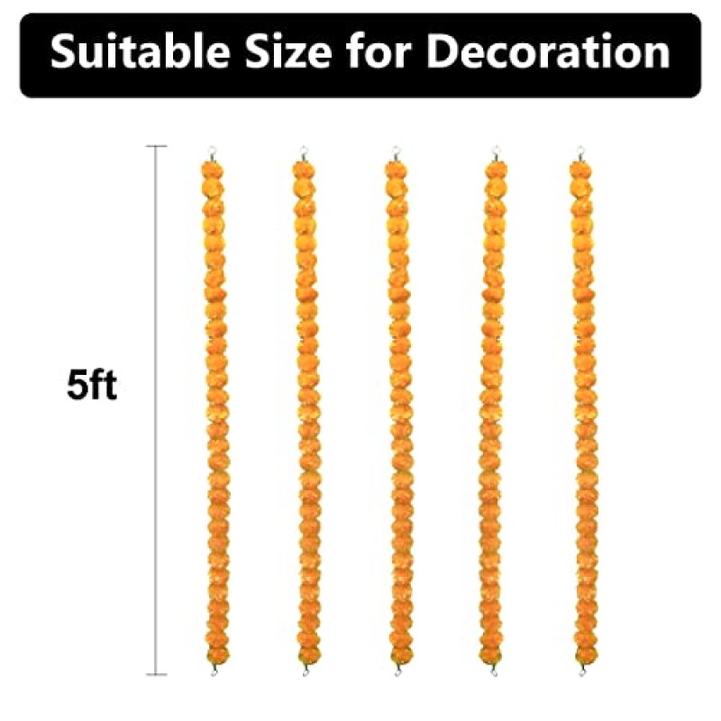 장식용 5개 메리골드 화환 - 인도 디왈리 장식, 푸자, 웨딩 파티 맨틀 크리스마스 장식을 위한 5피트 긴 가짜 인공 오렌지 메리골드 꽃 화환