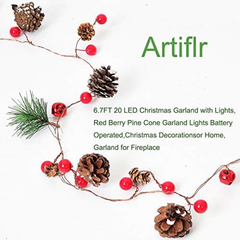 Artiflr 6.7FT 크리스마스 화환 조명, 20 LED 레드 베리 파인 콘 화환 조명 배터리 작동, LED 화환 문자열 조명, 가정용 크리스마스 장식, 벽난로용 화환