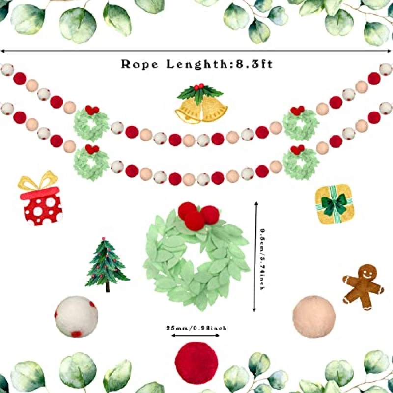 2 조각 펠트 볼 화환 크리스마스 Pom Pom 화환 장식 다채로운 펠트 크리스마스 배너 8.2 피트 길이 34 공 크리스마스 화환 휴일 크리스마스 트리 장식품 (클래식 스타일) 매달려