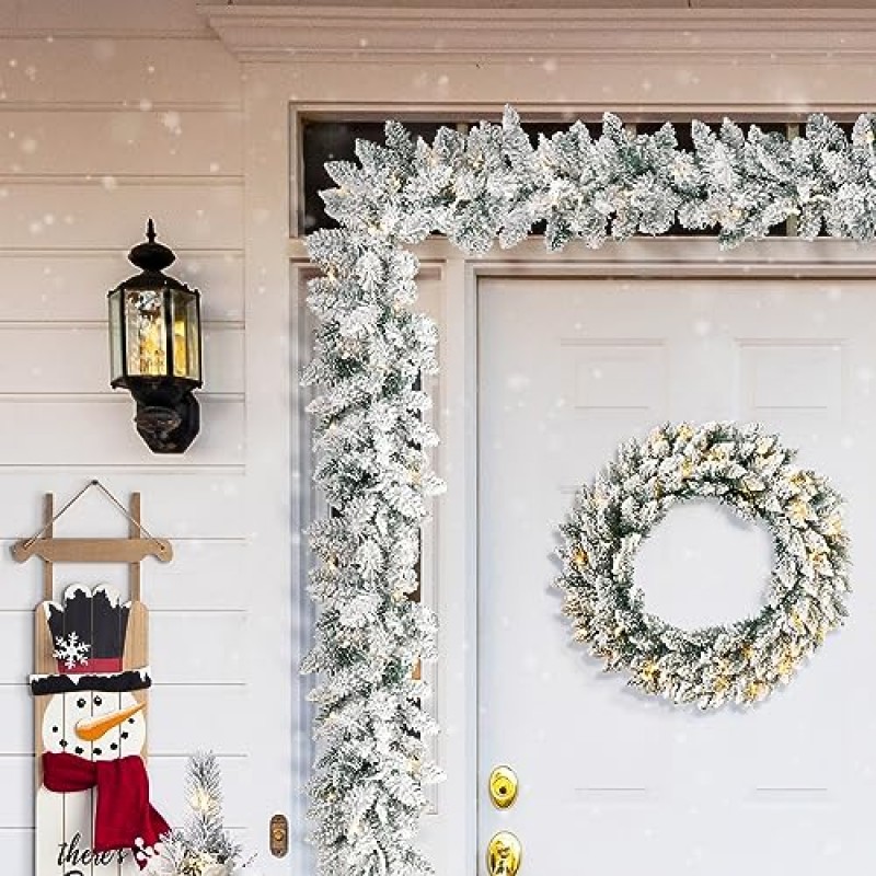 Glitzhome Pre-Lit Snow Flocked Christmas Garland with Warm White LED 조명