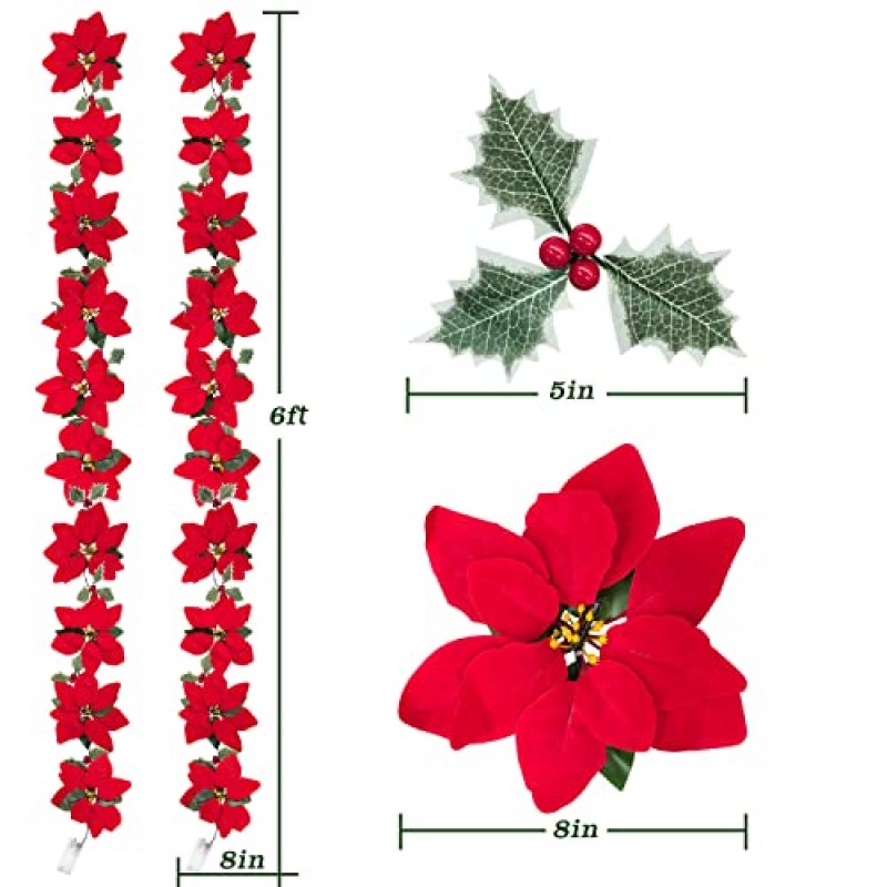 2 팩 포인세티아 화환 크리스마스 장식 조명, 사전 조명 벨벳 실크 인공 꽃 6피트 화환, 붉은 열매 및 홀리 잎, 실내 야외 파티 트리 장식