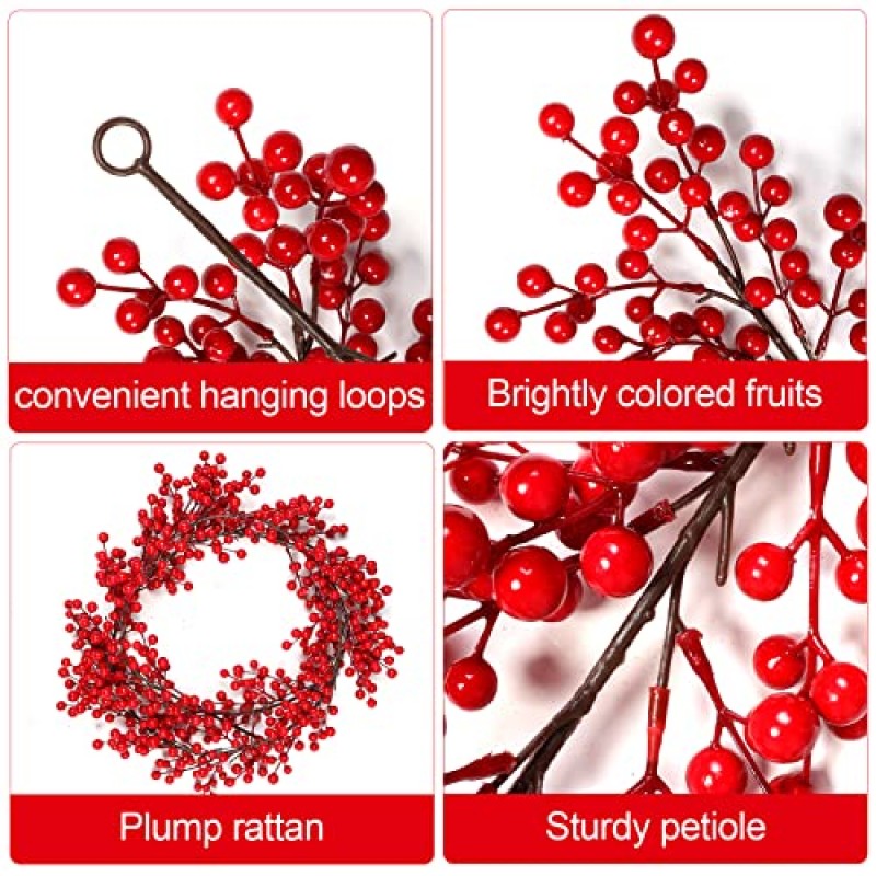 레드 베리 화환 크리스마스 장식 -휴일 벽난로 계단 테이블 장식을위한 구부릴 수있는 줄기가있는 7.8ft 인공 레드 베리 화환