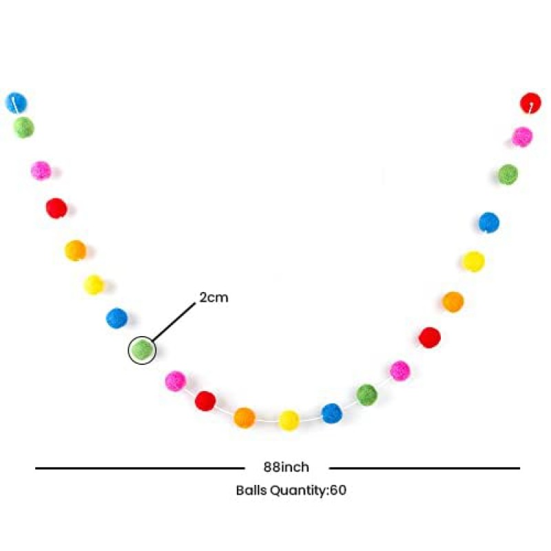 네팔에서 수제 울리곤 펠트 볼 화환 - 폼폼 화려한 무지개 화환 펠트 볼 장식, 크리스마스 트리 장식, 크리스마스 휴일 파티, 생일 배너 - 공 45개 - 라이트 레인보우