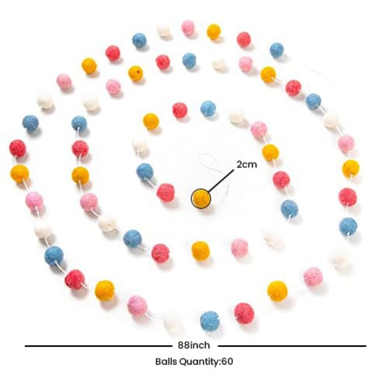 네팔에서 수제 울리곤 펠트 볼 화환 - 폼폼 화려한 무지개 화환 펠트 볼 장식, 크리스마스 트리 장식, 크리스마스 휴일 파티, 생일 배너 - 공 45개 - 라이트 레인보우