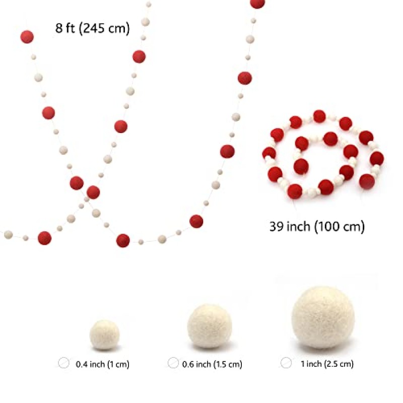 Glaciart One 크리스마스 장식 펠트 볼 화환 - 크리스마스, 생일, 결혼식 파티용 장식 - 3가지 크기의 61가지 색상 공이 있는 8피트 장식 끈 - 뉴질랜드 양모, 네팔에서 손으로 펠트 처리함