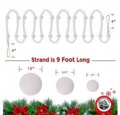 9피트 화이트 우드 비드 볼 크리스마스 화환 | 소박한 자연 시골 농가 빈티지 나무에 딱 맞는 나무 크리스마스 트리 화환 | Boho 홈 장식 장식 | 다양한 목재 비드 크기