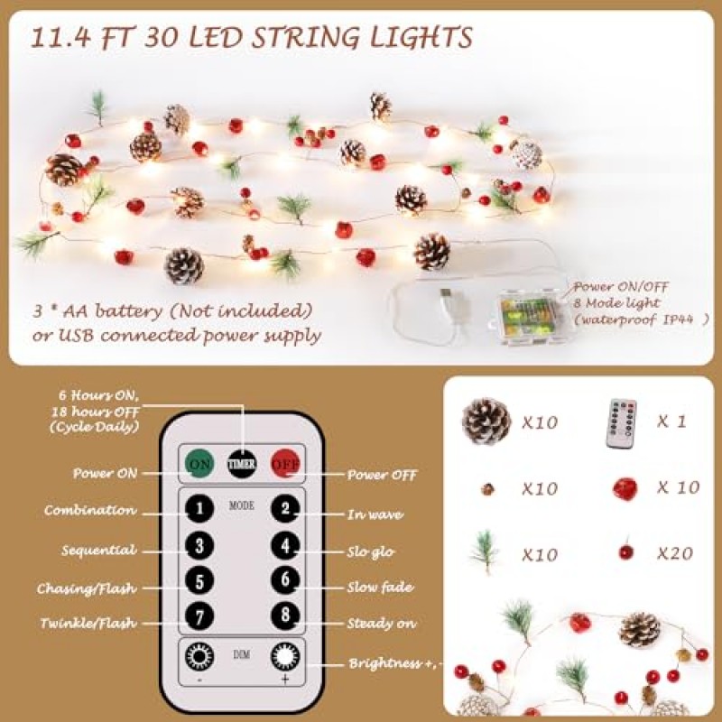 크리스마스 장식, 크리스마스 솔방울 조명, 솔방울 조명 문자열 크리스마스 장식 실내 크리스마스 화환 조명 크리스마스 트리 실내 홈 12월(3미터-리모컨 포함)