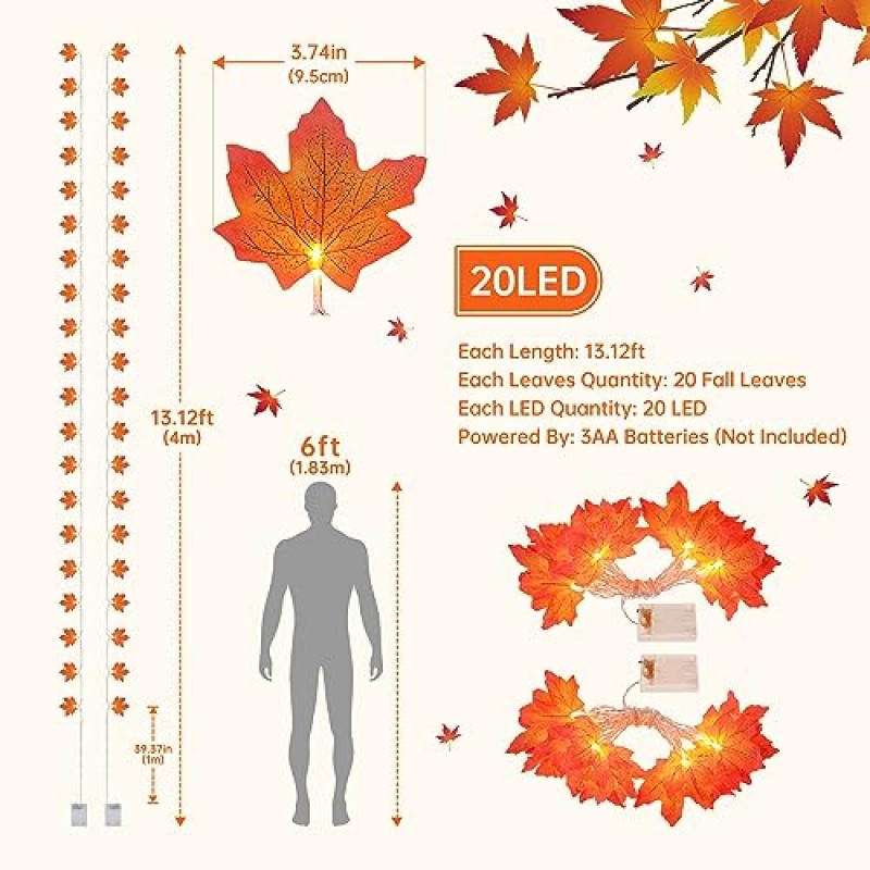 Pellimo 2 팩 추수 감사절 장식 가을 잎 화환 조명, 총 20피트 40 Led 단풍잎 문자열 조명, 실내 실외 가을 크리스마스 할로윈 수확을위한 배터리 작동 가을 조명