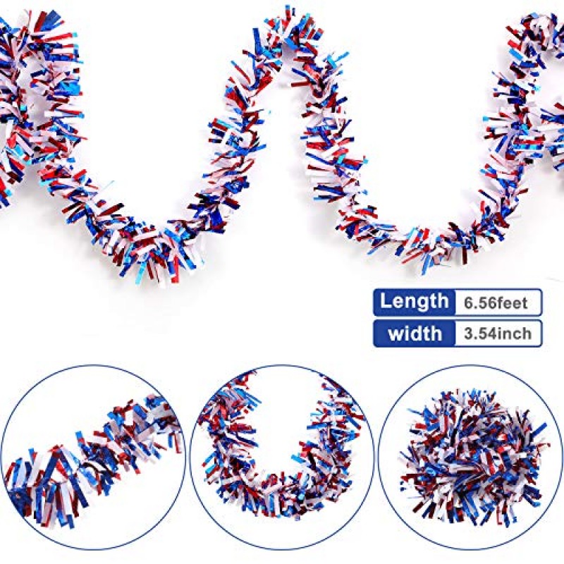 6 조각 39.4 피트 노동절 애국 독립 기념일 빨간색 흰색 파란색 반짝이 갈 랜드 장식 독립 기념일 7 월 4 일 현충일 장식 혼합 색상 금속 청키 반짝이 갈 랜드