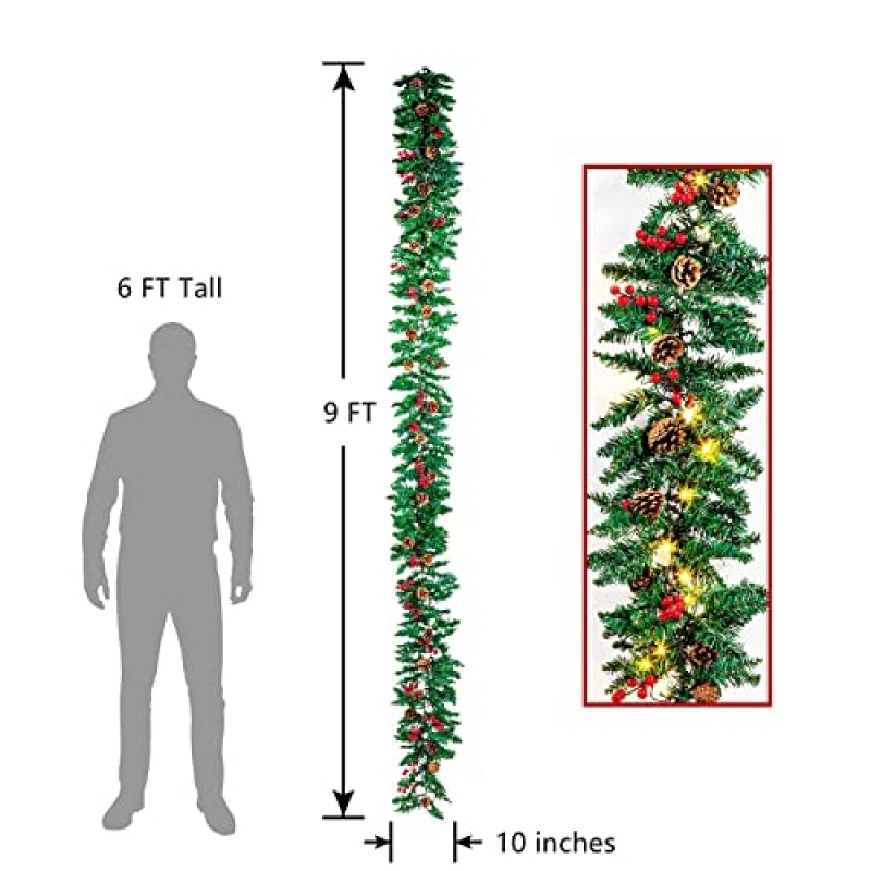 Hanizi 9 FT 크리스마스 화환, 배터리로 작동되는 8가지 조명 모드, 50개의 LED가 있는 조명 크리스마스 화환, 솔방울, 붉은 열매