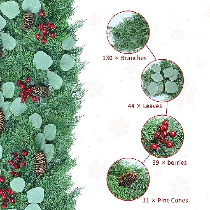 Leheyhey 6.5 FT 크리스마스 화환 솔방울 붉은 열매 130 지점 팁, 다기능 녹지 식물 크리스마스 장식 테이블 맨틀 배경 벽 방 야외 실내 겨울 장식