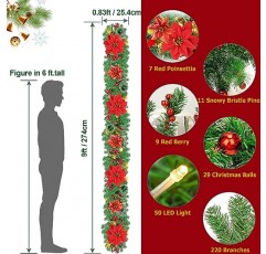 크리스마스 화환, 조명이 있는 9FT 크리스마스 화환 사전 조명 인공 크리스마스 장식 붉은 꽃 따뜻한 흰색 LED 배터리 작동 집 계단 벽난로 현관 문 실내 실외 크리스마스 장식