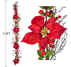 Artiflr 베리 크리스마스 화환, 붉은 열매와 홀리 잎이 있는 5.3피트 인공 포인세티아 화환, 크리스마스 휴일 파티 장식을 위한 솔방울 화환