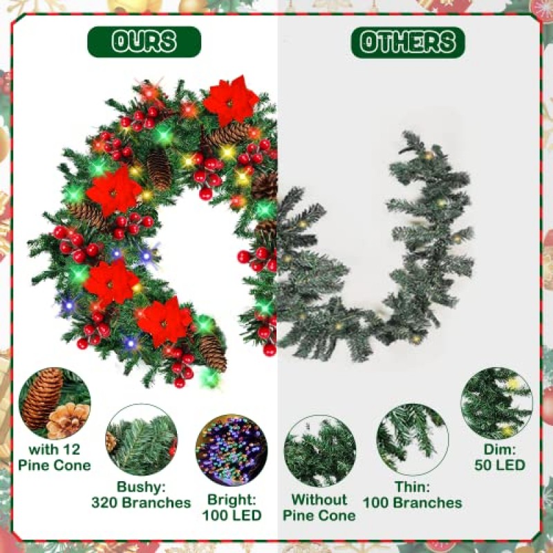 Norbase 9 FT 크리스마스 화환 조명 Pinecones 붉은 열매 꽃, 화환 크리스마스 장식 맨틀 벽난로 실내 야외 및 가정에 적합