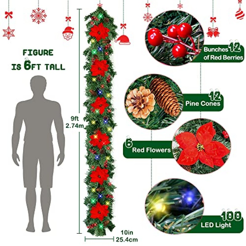 Norbase 9 FT 크리스마스 화환 조명 Pinecones 붉은 열매 꽃, 화환 크리스마스 장식 맨틀 벽난로 실내 야외 및 가정에 적합