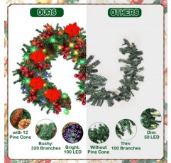 Norbase 9 FT 크리스마스 화환 조명 Pinecones 붉은 열매 꽃, 화환 크리스마스 장식 맨틀 벽난로 실내 야외 및 가정에 적합