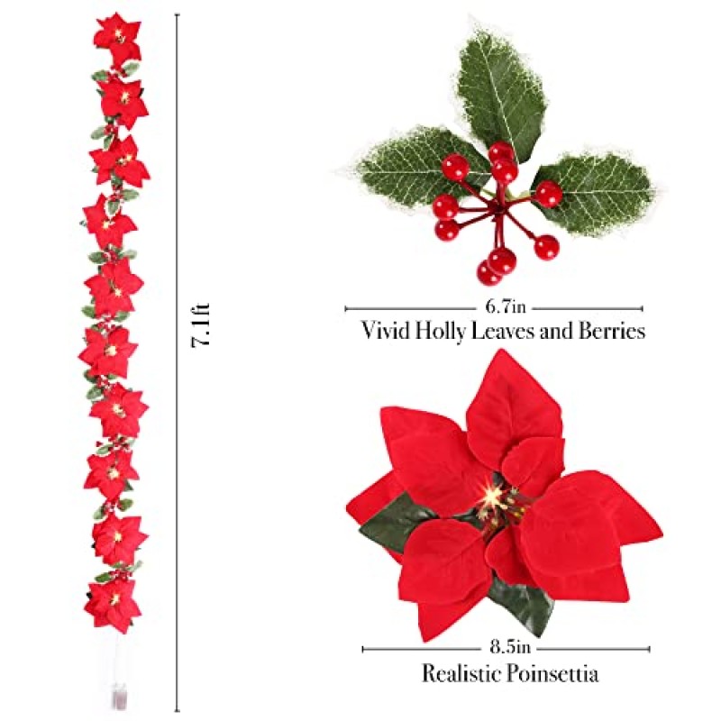 Sggvecsy 크리스마스 포인세티아 화환 7.1Ft 포인세티아 벨벳 인공 포인세티아 화환 문자열 조명 붉은 열매 홀리 잎 크리스마스 장식 맨틀 실내 옥외 휴일 장식