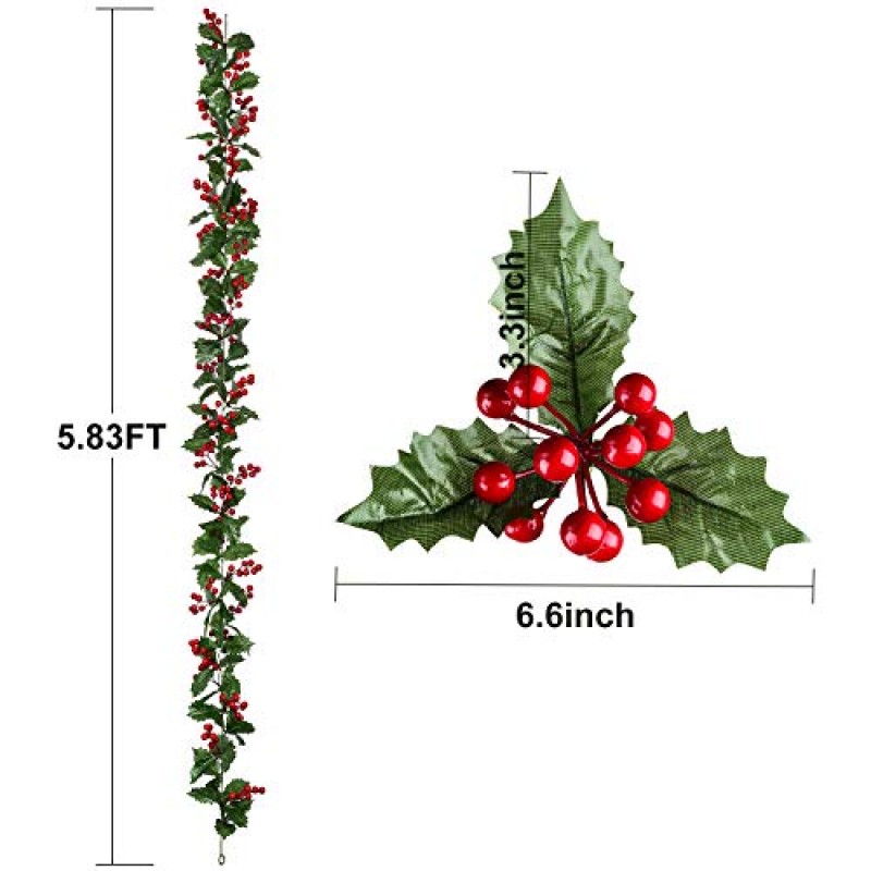 Artiflr 레드 베리 크리스마스 화환, 겨울 크리스마스 휴일 새해 장식을위한 실내 옥외 가정 벽난로 장식을위한 6 피트 유연한 인공 베리 화환
