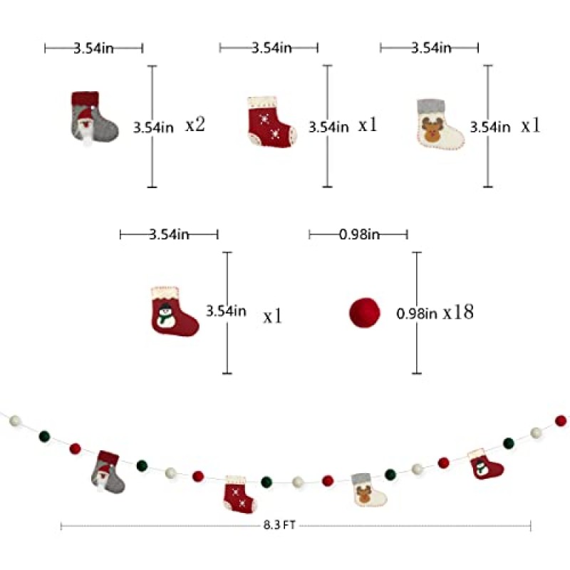 양모 펠트 크리스마스 장식 통관 화환 크리스마스 스타킹 부츠 배너 빨간색 녹색 흰색 펠트 공 폼폼 화환 크리스마스 트리 벽용 멧새 홈 벽난로 윈도우 파티 장식 용품