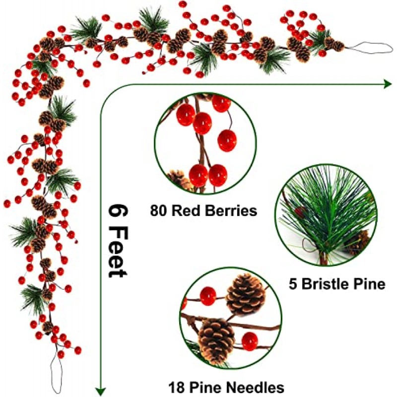 TURNMEON 소나무 콘과 6 피트 크리스마스 화환 장식 붉은 열매 강모 소나무 갈 랜드 크리스마스 장식 홈 실내 야외 맨틀 벽난로 휴일 결혼식 장식 매달려