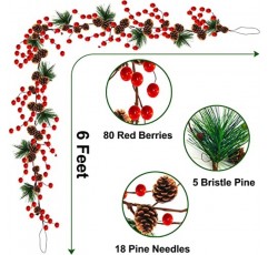 TURNMEON 소나무 콘과 6 피트 크리스마스 화환 장식 붉은 열매 강모 소나무 갈 랜드 크리스마스 장식 홈 실내 야외 맨틀 벽난로 휴일 결혼식 장식 매달려
