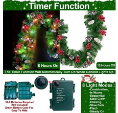 [ 타이머 및 8 가지 모드 ] 9 피트 x 10 인치 크리스마스 화환 장식 LED 조명 100 개 배터리 작동 조명 화환 300 가지 레드 베리 198 개 솔방울 18 개 크리스마스 화환 실내 실외 (다채로운)