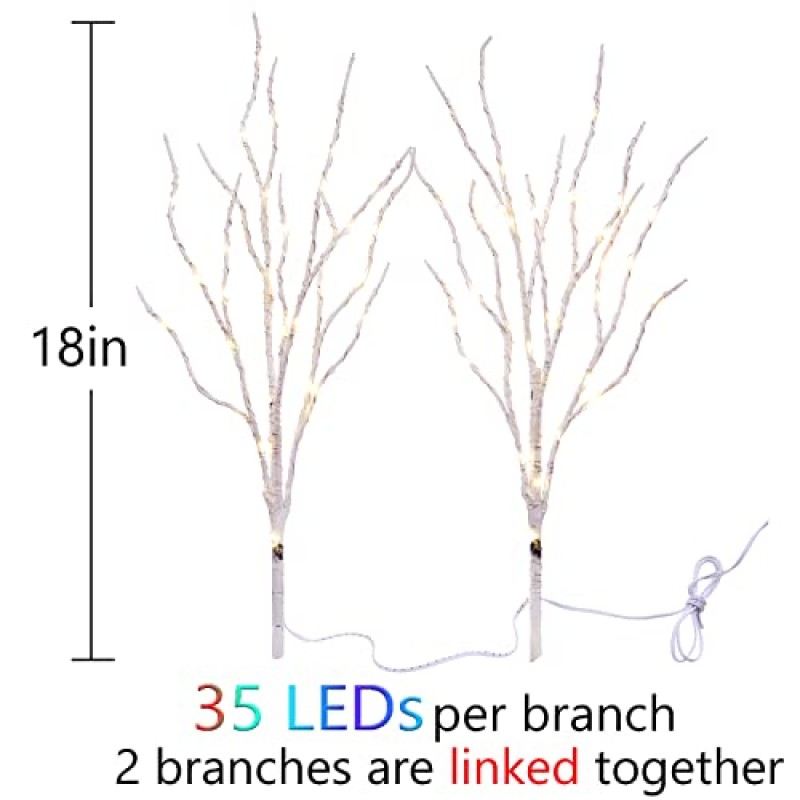 Fudios 조명 자작나무 가지 70개 다색 LED 요정 조명 18인치 배터리 작동, 조명 흰색 나뭇가지 가지 색상 변경 조명 크리스마스 파티 장식