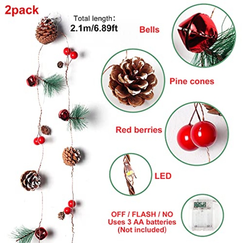 RECUTMS 크리스마스 화환 조명 2PCS 소나무 콘 레드 베리 화환 문자열 조명 6.5FT 20 LED 요정 Pinecone 조명 벽난로 맨틀 겨울 Xmax 트리 파티 실내 옥외 장식 (2 Pcs)