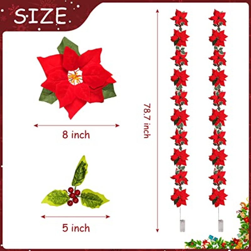 2 Pcs 크리스마스 포인세티아 화환 조명, 인공 포인세티아 크리스마스 화환 문자열 조명 장식, 포인세티아 화환 조명 크리스마스 트리 파티 문 벽난로 맨틀 장식