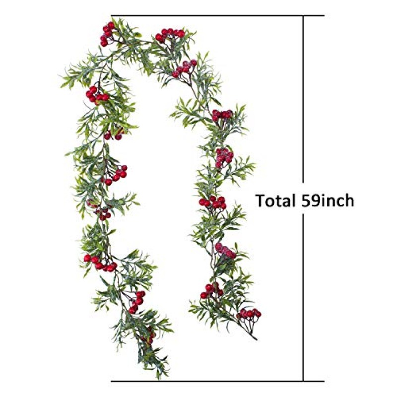 2 팩 5FT 인공 눈 덮인 잎 레드 베리 클러스터 실내 옥외 휴가 크리스마스 장식을위한 구부릴 수있는 줄기가있는 화환