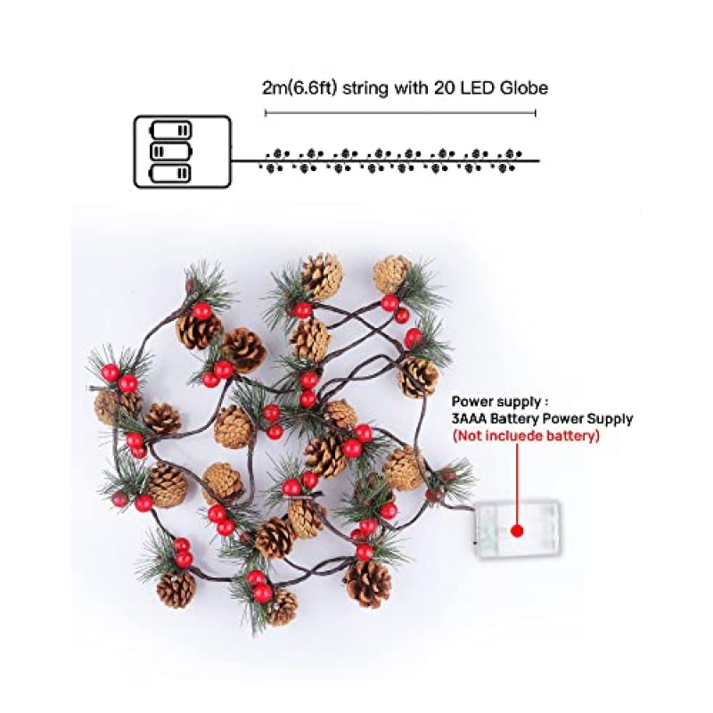 조명이 있는 크리스마스 화환, 배터리로 작동되는 크리스마스 조명, 종, 바늘, 솔방울, 붉은 열매, 나무용 크리스마스 화환, 벽난로, 실내 장식, 2m/6.6FT, 20 LED가 있는 끈 조명