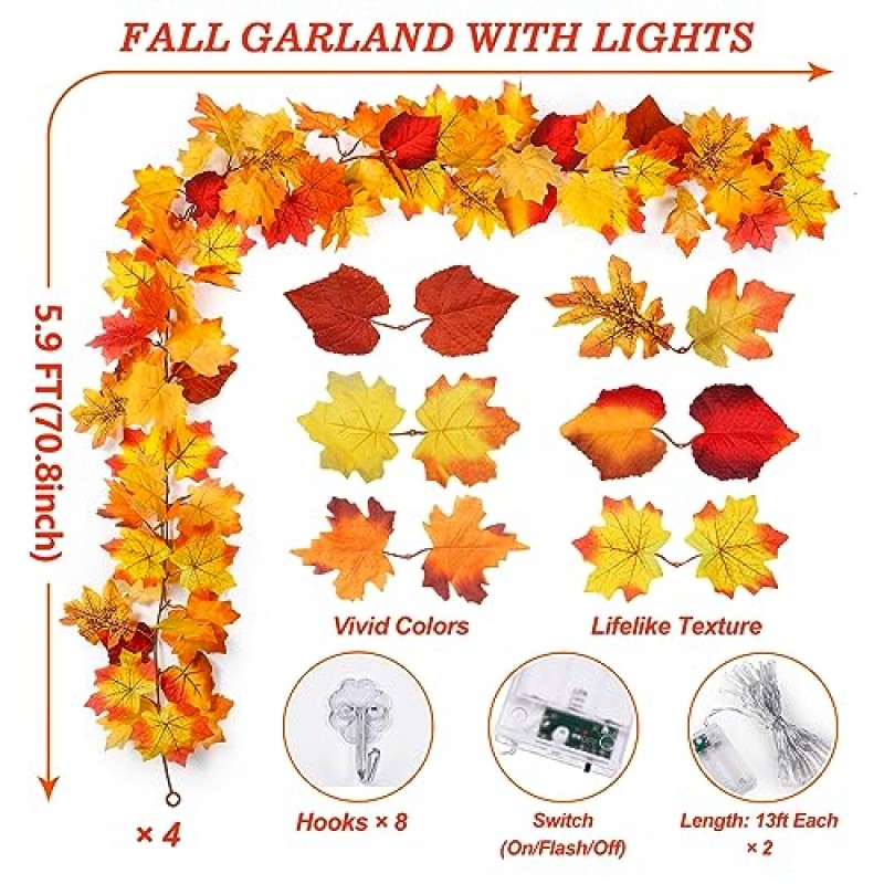 [4 팩] 가을 장식 - 가정용 가을 추수감사절 장식 - 23.6피트 단풍잎 조명이 있는 가을 화환 맨틀 벽난로 테이블용 배터리 작동 실내 야외 가을 수확 할로윈 장식
