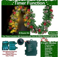 [ 2 팩 및 타이머 8 가지 모드 ] 9 Ft 100 LED 각 사전 조명 크리스마스 화환 조명 300 두꺼운 가지 198 레드 베리 18 눈 덮인 솔방울 방수 크리스마스 화환 크리스마스 장식, 총 18 Ft 200 따뜻한 조명