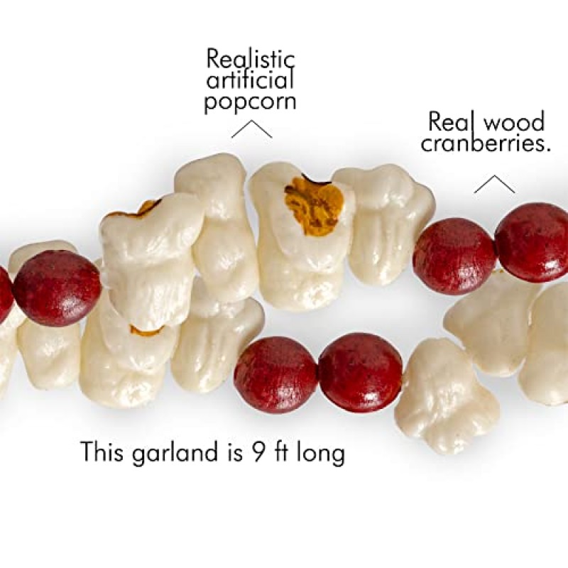 Ornativity 팝콘 크랜베리 ​​나무 화환 – 현실적인 팝 옥수수와 소박한 붉은 나무 파란색 크리스마스 트리 장식 화환 구슬 가닥