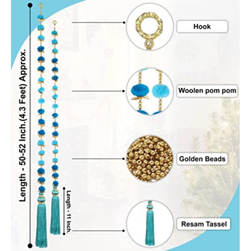 크리스마스 장식 화환 문자열 2개 세트 벽/문 장식 매달려 화환 입구에 매달려 있는 Resham 술이 있는 Pom Pom 공 디왈리 축제 웨딩 장식 토란(파란색)