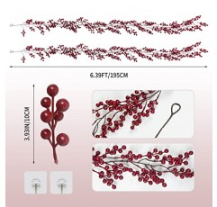 Relatoholife 12.8FT 레드 베리 화환 크리스마스 장식 크리스마스 홈 홀리데이 파티 실내 야외 맨틀 벽난로 장식(6.4FT/팩)을 위한 유연한 줄기가 있는 인공 붉은 화환