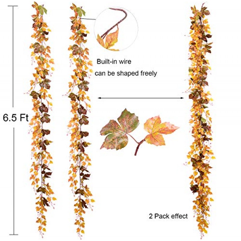 DearHouse 2 팩 가을 화환 단풍잎, 6.5 Ft/조각 매달려 포도나무 화환 인공 가을 단풍 화환 추수감사절 장식 홈 웨딩 벽난로 파티 크리스마스