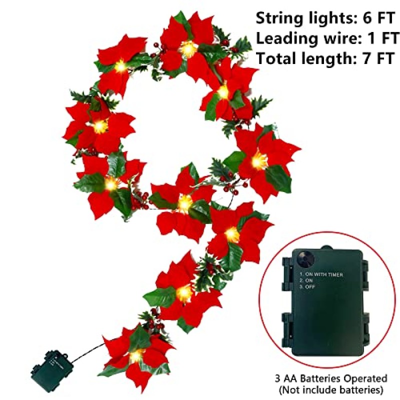 Twinkle Star 2팩 붉은 열매와 홀리 잎이 있는 미리 조명된 크리스마스 포인세티아 화환, 6피트 벨벳 인공 꽃 크리스마스 스트링 조명, 배터리로 작동되는 무선 실내 실외 홈 장식