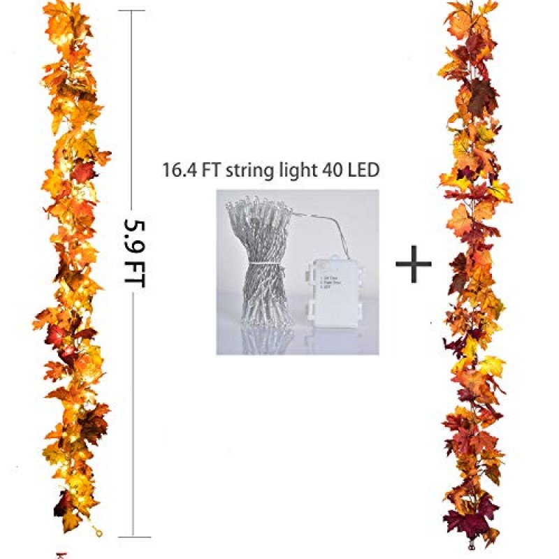 Artiflr 2 팩 가을 화환 단풍잎 16.4Ft 40 LED 스트링 조명, 5.9Ft/조각 매달려 포도나무 화환 인공 가을 단풍 화환 추수감사절 장식 홈 웨딩 벽난로 파티 크리스마스