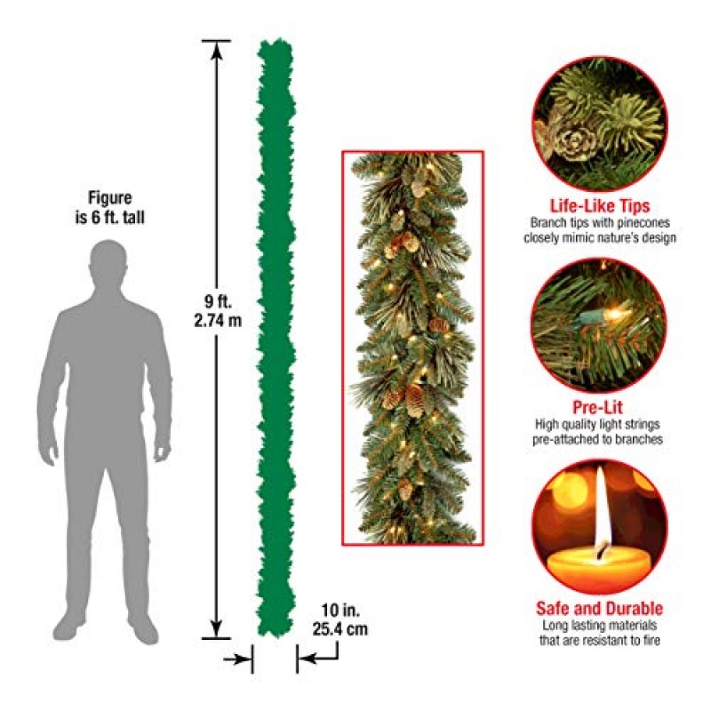 National Tree Company 사전 조명 인공 크리스마스 화환, 녹색, 캐롤라이나 소나무, 백색 조명, 솔방울 장식, 배터리 작동, 크리스마스 컬렉션, 9피트