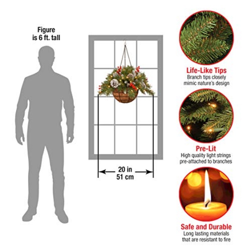 National Tree Company 사전 조명 인공 매달린 바구니, 서리로 덥은 솔방울, 베리 클러스터, 흰색 LED 조명, 크리스마스 컬렉션, 20인치로 장식됨