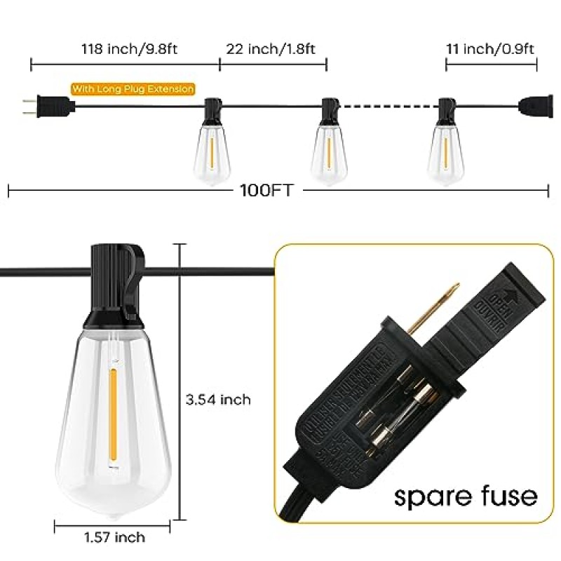 Apesaipu 할로윈/크리스마스 장식 스트링 조명 100피트 ST38 파티오 조명 방수 비산 방지 50(+2) LED 전구, 베란다, 데크, 뒷마당, 2700K 밝기 조절이 가능한 외부 걸이 빈티지 조명