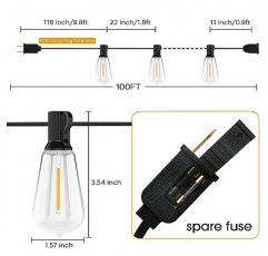 Apesaipu 할로윈/크리스마스 장식 스트링 조명 100피트 ST38 파티오 조명 방수 비산 방지 50(+2) LED 전구, 베란다, 데크, 뒷마당, 2700K 밝기 조절이 가능한 외부 걸이 빈티지 조명