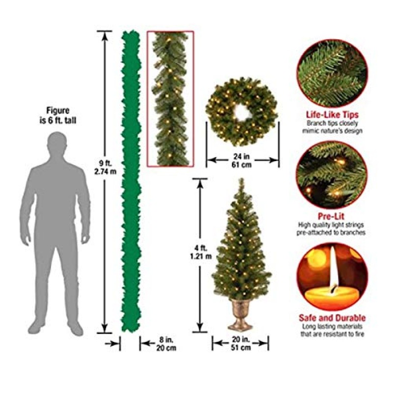 National Tree Company 사전 조명 인공 크리스마스 4피스 세트 | 화환, 화환 및 입구 나무 2개 세트