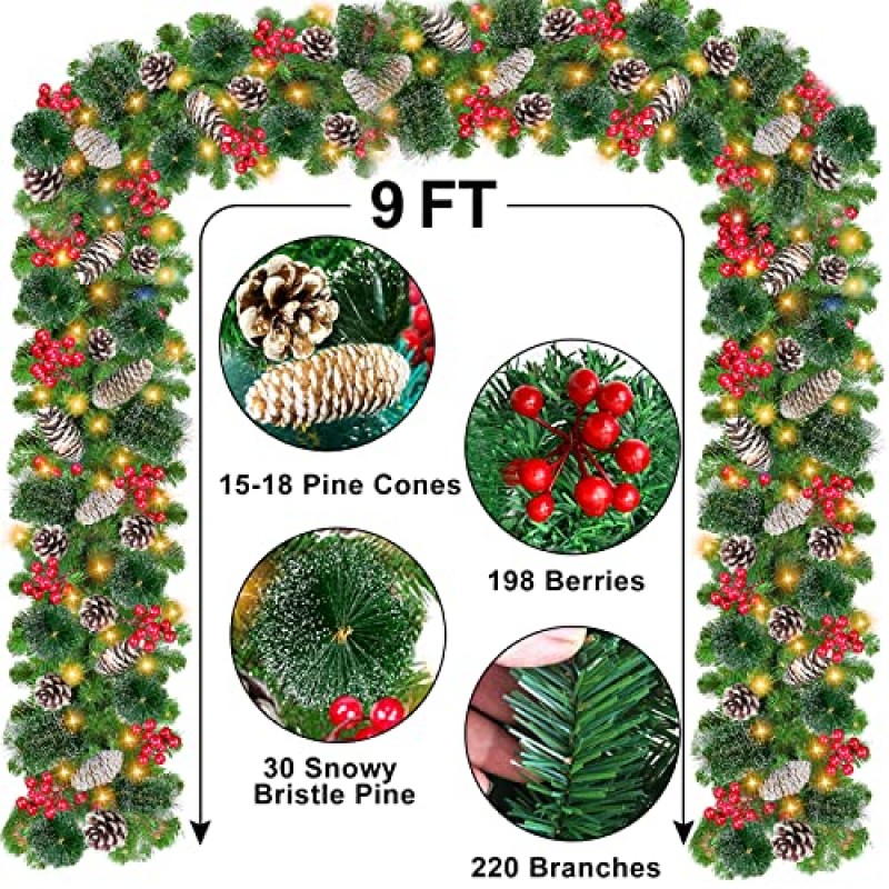 TURNMEON 80개의 조명 타이머가 있는 9피트 크리스마스 화환 12가지 모드 크리스마스 장식 두꺼운 300가지 가지 18개 솔방울 198개 열매 실내 실외 벽난로용 배터리 구동 크리스마스 장식