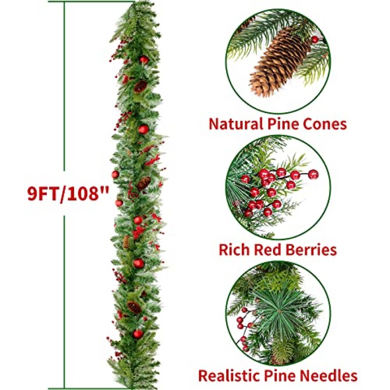 조명이 있는 크리스마스 화환, 9피트 크리스마스 화환 소나무 콘, 베리 클러스터, 이상적인 크리스마스 장식 맨틀용 실내 홈 장식, 계단 난간, 새해 파티가 있는 야외 화환 장식