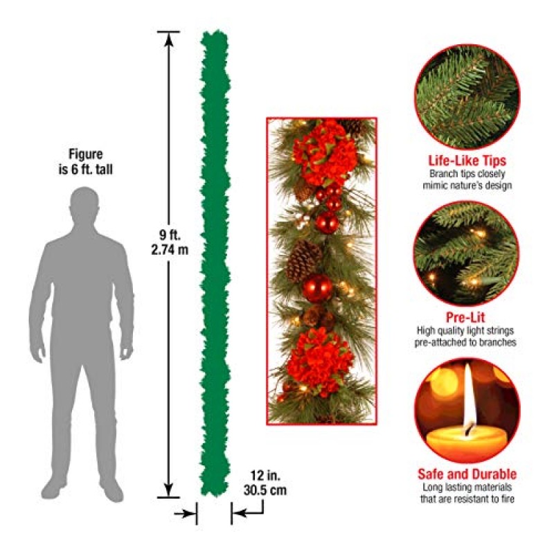 National Tree Company 사전 조명 인공 크리스마스 화환, 녹색, 상록수, 흰색 조명, 반짝이는 줄기로 장식, 공 장식품, 배터리 구동, 크리스마스 컬렉션, 9피트