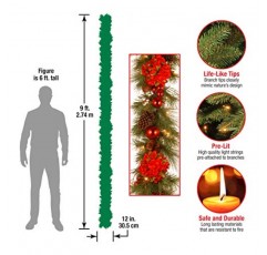 National Tree Company 사전 조명 인공 크리스마스 화환, 녹색, 상록수, 흰색 조명, 반짝이는 줄기로 장식, 공 장식품, 배터리 구동, 크리스마스 컬렉션, 9피트