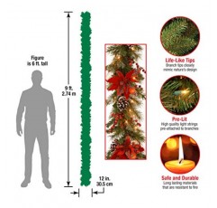 National Tree Company 사전 조명 인공 크리스마스 화환, 녹색, 상록수, 흰색 조명, 격자 무늬 리본으로 장식, 베리 클러스터, 솔방울, 플러그인, 크리스마스 컬렉션, 9피트