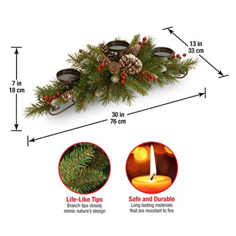 내셔널 트리 컴퍼니(National Tree Company) 인공 크리스마스 센터피스 서리 낀 베리-30인치 및 사전 조명 인공 크리스마스 화환, 녹색, 서리 낀 베리, 흰색 조명, 장식